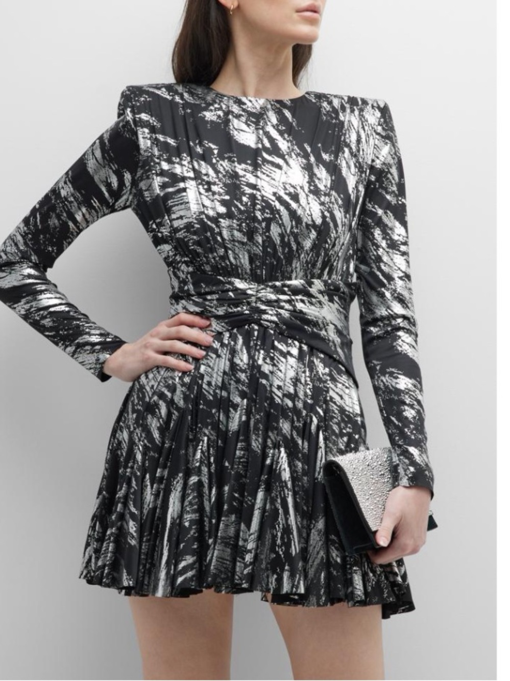 RAISA VANESSA Black and Silver Metallic Long-Sleeve Pleated Mini Dress Size 40